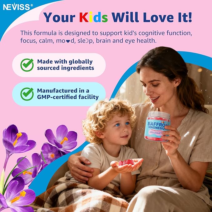 Saffron +Magnesium Glycinate +Omega-3 - Calm Focus Gummies for Kids 4+ Saffron Extract Supplement with L-Theanine Holy Basil Rosemary B6 D3 for Happy Mood Cognition ZZz Sugar Free 2 Pack