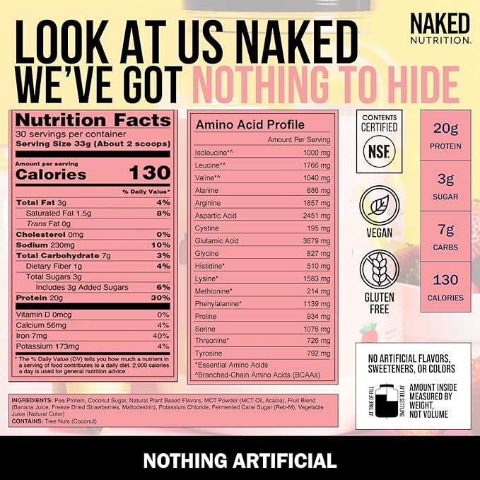 NAKED Shake - Vegan Protein Powder Strawberry Banana - Flavored Plant Based Protein with Mct Oil NSF Certified Gluten-Free Soy-Free No Gmos Or Artificial Sweeteners - 30 Servings