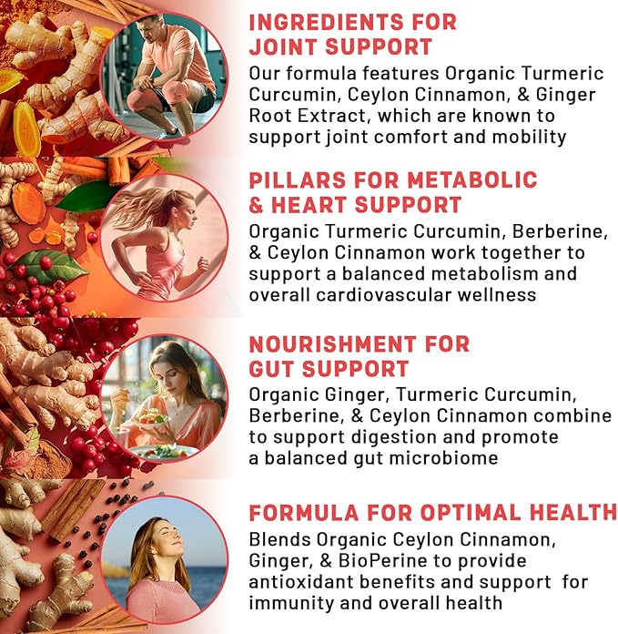 5-in-1 Organic Turmeric Curcumin Supplement (4210mg) with Berberine Ceylon Cinnamon Bioperine and Ginger Supplements for Joint Heart Gut &amp Metabolic Support (120 ct) (Pack of 2)