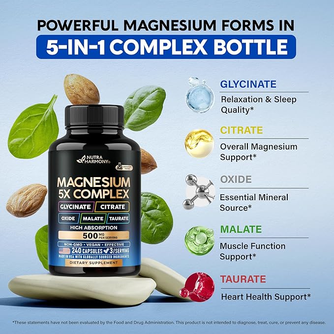 Magnesium Supplement - 5 in 1 Complex 500 mg | Glycinate | Citrate | Malate | Taurate | Oxide - Made in USA - Stress Muscle &amp Heart Support - Vegan Natural Non-GMO - 240 Capsules