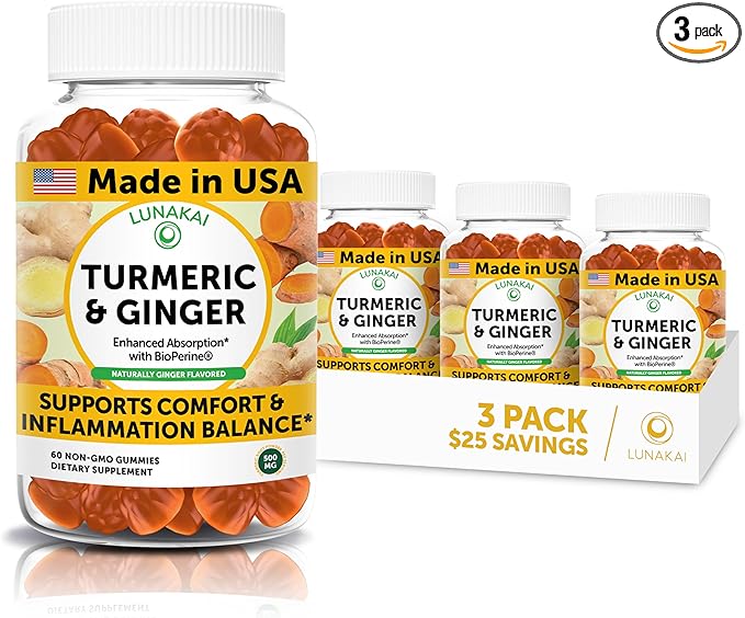 Lunakai USA Made Turmeric and Ginger Supplement Gummies 500mg with Black Pepper – High Absorption Curcumin Turmeric Gummies for Joint Comfort Daily Immune Support Non-GMO - 3 Pack