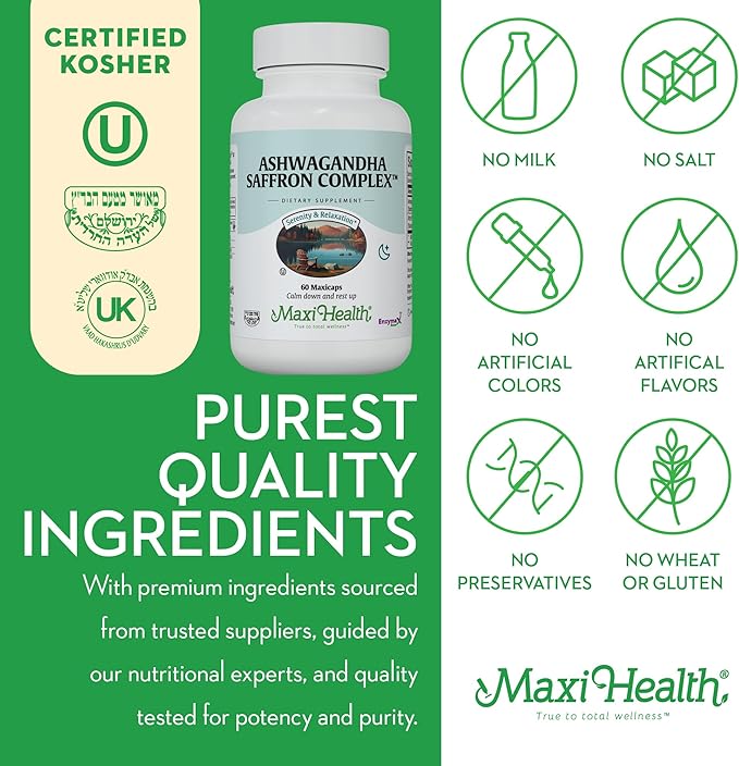 Maxi Health Ashwagandha Supplements Complex with Saffron – 600mg Ashwagandha Capsules &amp 30mg Saffron Extract for Stress Relief Mood &amp Calm – Kosher 60 Capsules