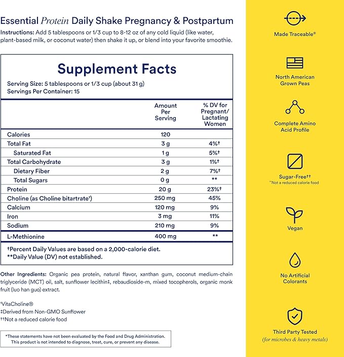 Ritual Prenatal Vegan Plant Based Protein Powder: Choline to Support Pregnancy Postpartum &amp Lactation 20g Organic Pea Protein from Regenerative Farms in USA Sugar Free** Vanilla 1 Lb