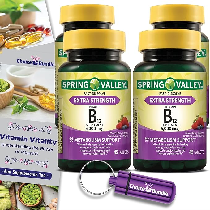 Spring Valley Vitamin B12 Fast Dissolve Tablets Extra Strength Metabolism Support 5000 mcg 45 Ct 4 pk (180 Total) + Vitamin Vitality &amp Pill Buddy (6 Items)!
