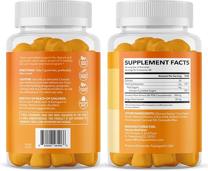 Turmeric Gummies with Ginger Root Extract - Digestive Health and Immune Support Supplement for Overall Wellness - 120 Count - Vegan Non-GMO Curcumin Vitamin - Peach Flavor 2 Month Supply
