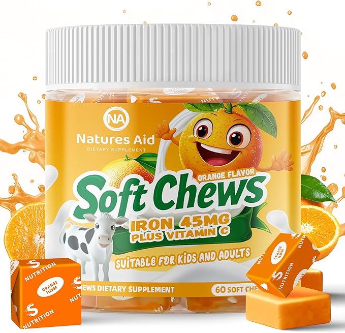 Chewable Iron Supplement for Women &amp Men and Kids - Orange Flavor Iron Vitamin C Soft Chew for Max Absorption Iron as Ferrous Fumarate Ideal for Iron Deficiency 2 Month Supply