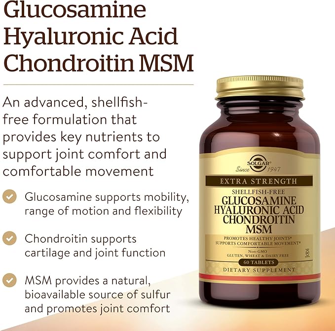 Solgar Glucosamine Hyaluronic Acid Chondroitin MSM (Shellfish-Free) 60 Tablets - Joint Support &amp Comfort - Supports Active Lifestyles - Non-GMO Gluten Free Dairy Free - 20 Servings