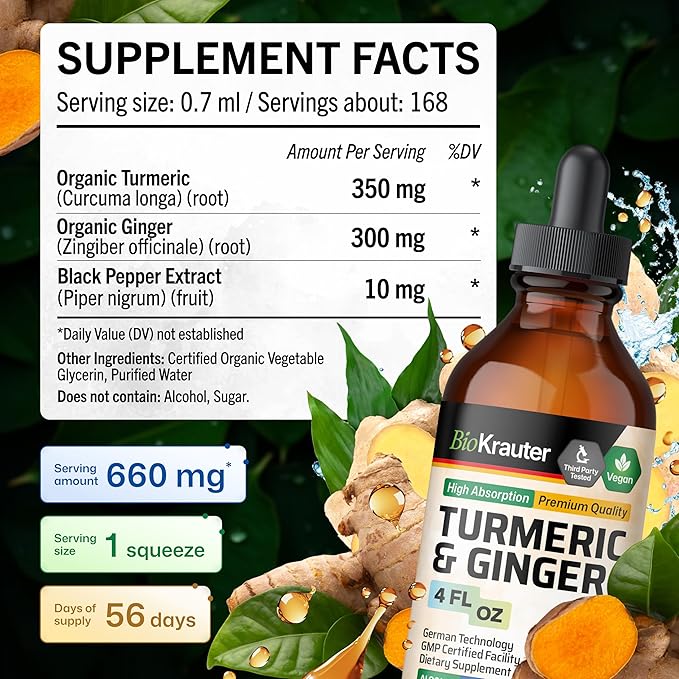 BIO KRAUTER® Turmeric and Ginger Supplement - Pure Vegan Liquid Turmeric &amp Ginger Tincture with Pepper 4 Fl.Oz 56 Days of Supply - Curcumin Drops for Joint Support Antioxidant &amp Immune Suppor