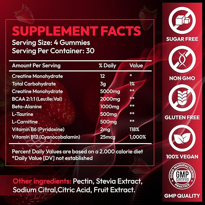 Creatine Gummies Monohydrate Complex 9000MG Chewable Creatine Monohydrate Gummies for Men &amp Women with L-Taurine BCAA 2:1 B12/6 Building Muscle Strength and Boost Focus 30 Days Supply