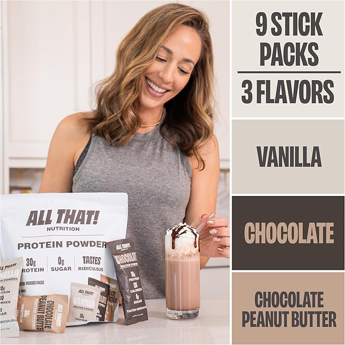 Protein Powder Packets - Whey Protein Stick Packs Variety Pack (9) Single Serve Vanilla Chocolate &amp Chocolate Peanut Butter Low Calorie 0g Sugar Soy-Free &amp Gluten-Free
