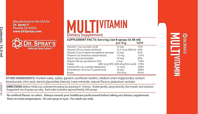 Dr. Spray's ® Multi-Vitamin (30-Day Supply) Women and Men Great Tasting Fast-Acting Vegetarian Non-GMO 100% DV Vitamin B12 and D3