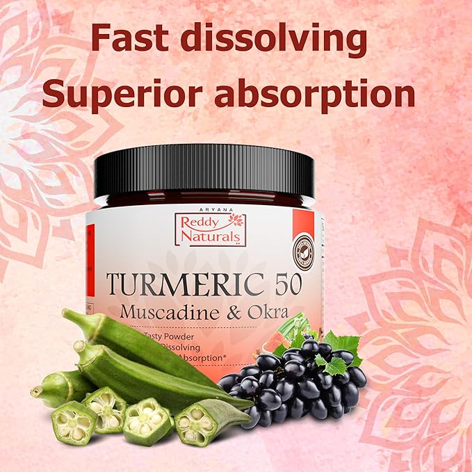 Reddy Naturals Aryana Turmeric 50 – Organic Turmeric Supplement Powder with Muscadine Grape &amp Okra – Fast-Dissolving Plant-Based Formula for Daily Wellness – 30 Servings