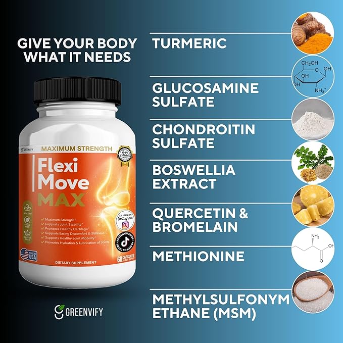 FlexiMove Max Joint Support Supplement Glucosamine Turmeric Chondroitin 60 Capsules (5)