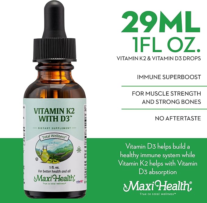 Maxi Health Liquid Vitamin D3 with K2 Drops for Long-Term Health - Vitamin K2 D3 Vitamin Supplement - D3 K2 Vitamin K and Vitamin D Supplement with Vitamin K2 MK-7 and VIT D 1 fl oz
