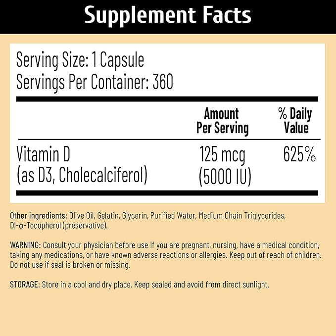 Vitamin D3 5000 IU (125 mcg) with USP-Grade Provitas® Vitamin D3 Dual Olive &amp MCT Oil for Enhanced Absorption Bone Muscle &amp Immune Support Non-GMO 360-Day Supply