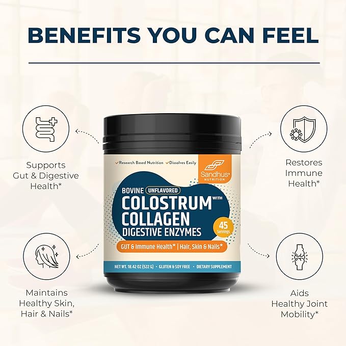 Sandhu's Bovine Colostrum with Collagen Powder | Hair Beauty Skin &amp Nail Supplement | Supports Gut Immune Health | Digestive Enzymes | 45 Servings Large Pack | Nutrition for Women