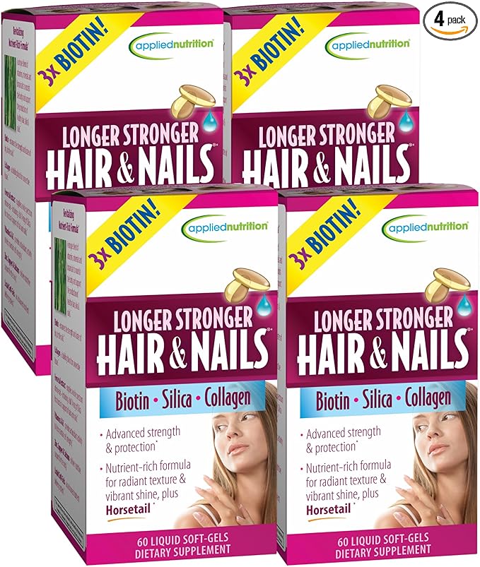 Applied Nutrition Longer Stronger Hair &amp Nails - 60 Liquid Soft-Gels Pack of 4 - Biotin Silica &amp Collagen - 120 Servings