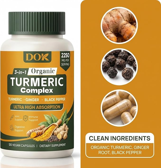 Turmeric Organic 3-in-1 Complex Turmeric Curcumin Supplement with Black Pepper &amp Ginger 2250mg Daily Support Vegan Non-GMO 120 Count (A)