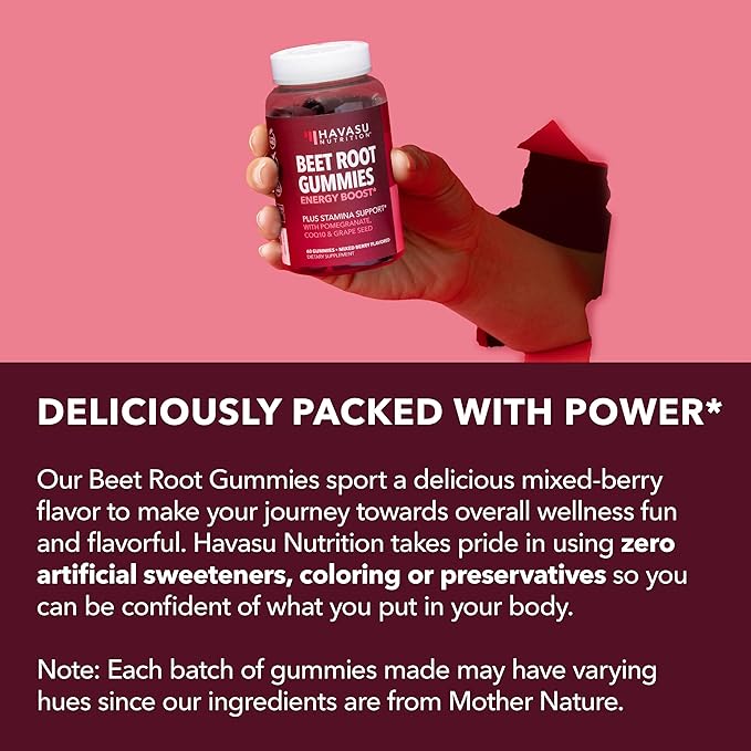 Beet Root Gummies with COQ10 &amp Pomegranate - Nitric Oxide Supplement for Men and Women - Beetroot for Endurance Performance Recovery - Vegan Non-GMO Gluten Free - Mixed Berry Flavor 120 Count