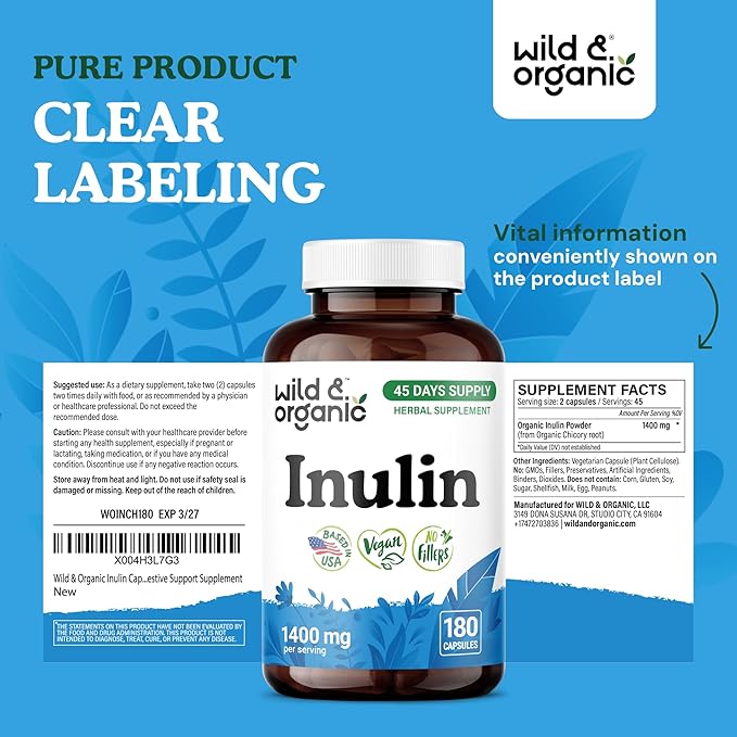 Wild &amp Organic Inulin Capsules 1400 mg - Digestive &amp Gut Support - Chicory Root Inulin Fiber Supplement - Prebiotic Fiber Derived from Chicory Powder - Vegan No Fillers Non-GMO - 180 Count