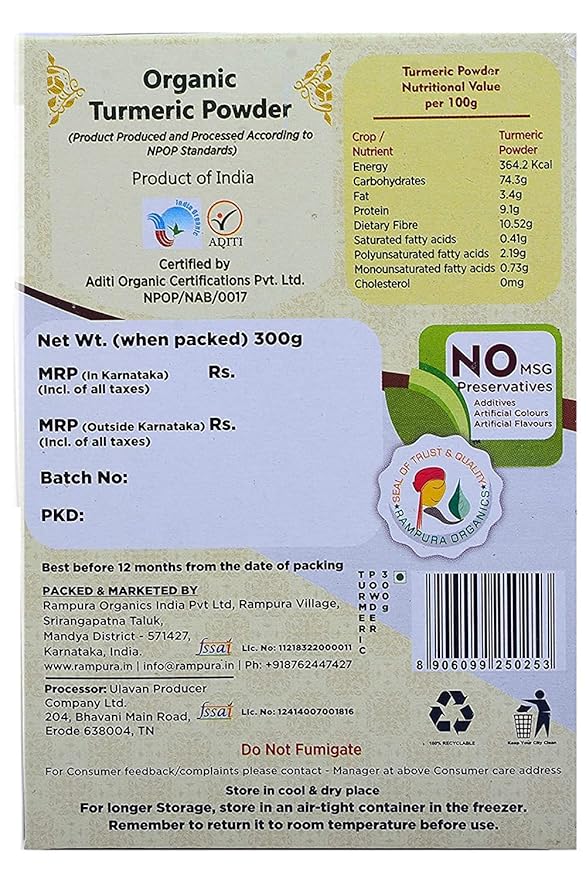 Rampura Organics (Karnataka) Organic Turmeric Powder - (Pack of 2Each of 300Grams)