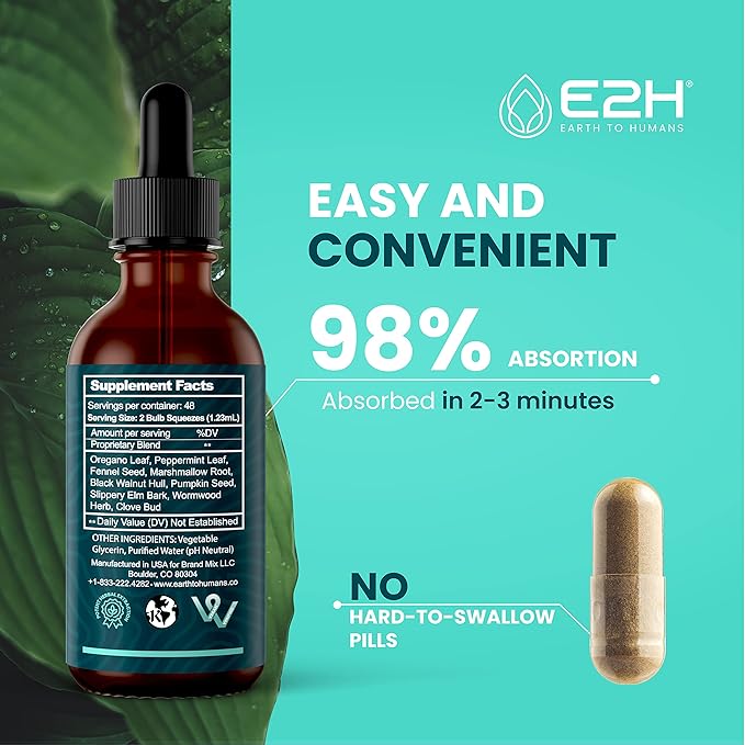 E2H Advanced Intestinal Support - Promotes Gut Health and Digestive System - Wormwood and Black Walnut Extract - Non-GMO Vegan - (2 Bottles)