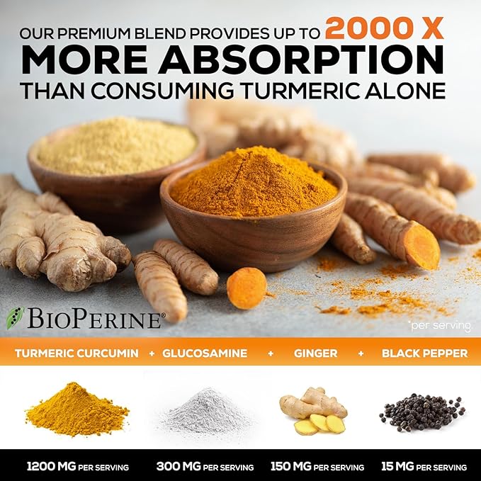 Turmeric Curcumin Supplement - 95% Curcuminoids with Glucosamine Ginger &amp MSM BioPerine Black Pepper Extract for Best Absorption Natural Vegan Joint Support Non-GMO Bottled in USA - 240 Capsu