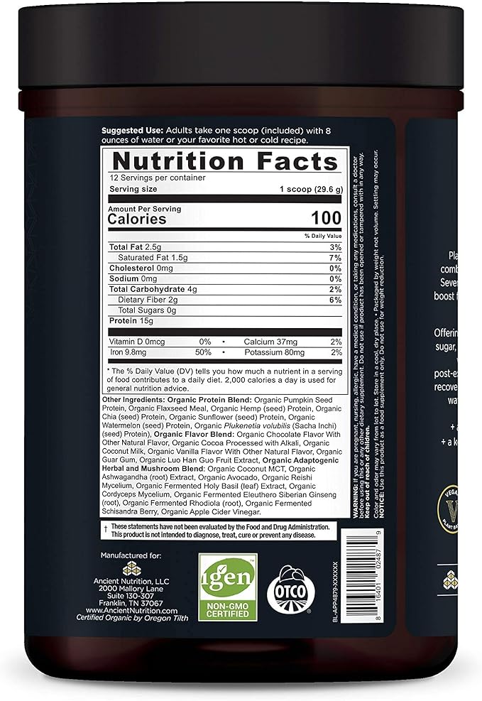 Ancient Nutrition Plant Based Protein Powder Plant Protein+ Chocolate Organic Vegan Superfoods Supplement 15g Protein Per Serving Gluten Free Paleo Friendly 12 Serving