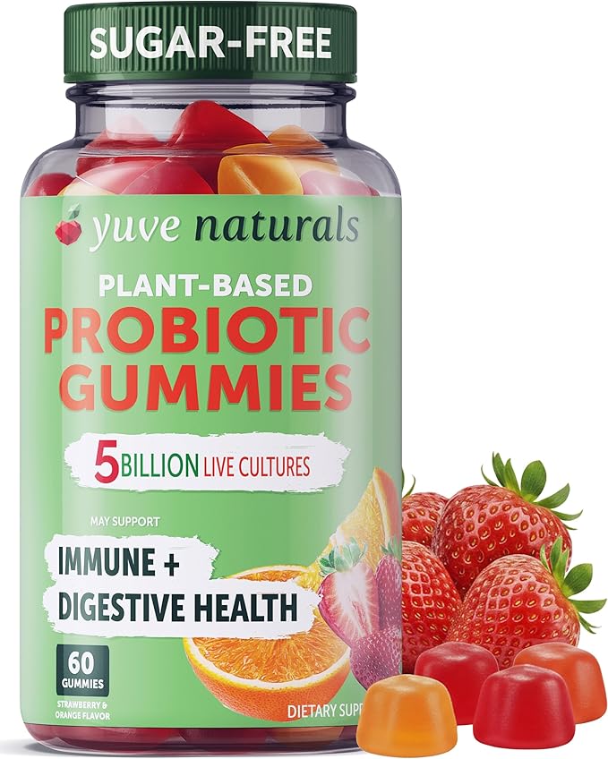 Yuve Natural Sugar Free Probiotic Gummies 5 Billion CFU Helps with Constipation Bloating &amp Leaky Gut - Vegan Gluten-Free &amp Non-GMO - 60ct