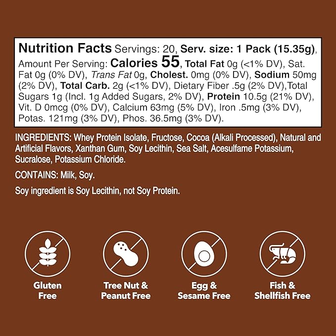 Unjury Whey Protein Powder Individual Stick Packs | Chocolate | 10.5g 100% Whey Isolate Protein Powder | Low Carb and Lactose Free | Gluten Free | Certified Kosher | 20 Servings
