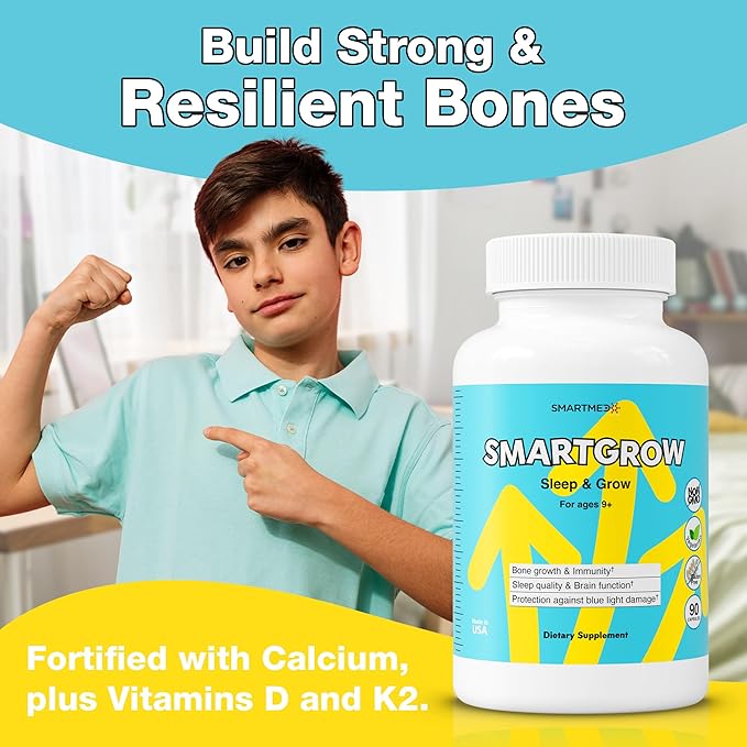 SMARTGROW Height Growth Supplement – Calcium Vitamin D3 L-Arginine – 5-in-1 Formula for Kids Teens Adults – Sleep Support Bone Strength Immunity Brain &amp Eye Health – 3 Month Supply