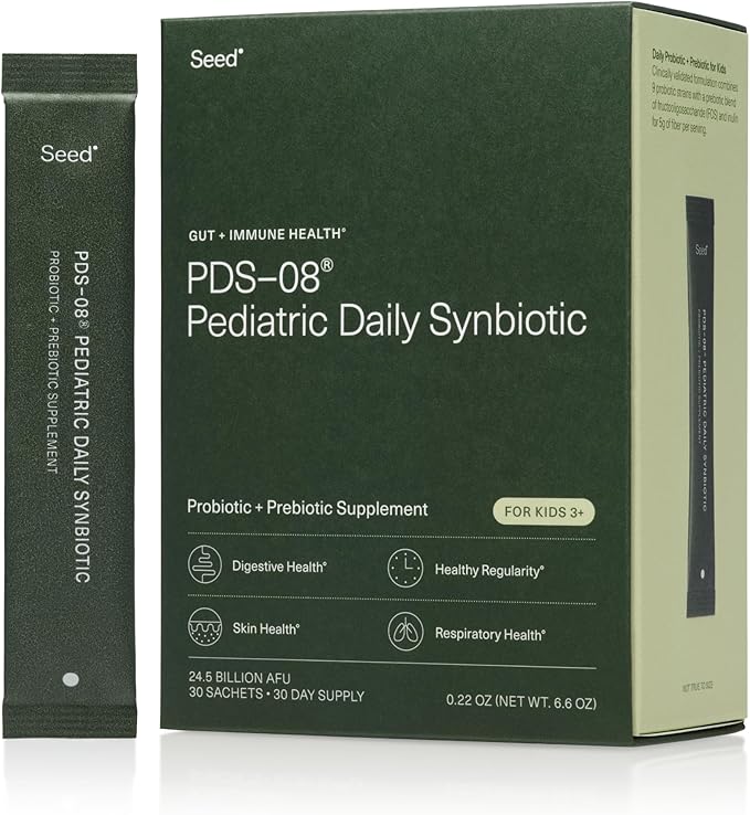 Seed PDS-08 Pediatric Daily Synbiotic - Fiber-Based Prebiotic &amp Probiotic for Kids - Digestive Health Regularity Constipation Relief - Ages 3-17 - Vegan and Shelf-Stable - 30 Sachets (30-Day Sup