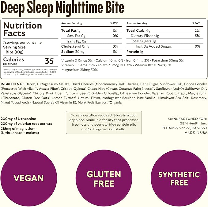 GEM Sleep Aid Nighttime Bite Melatonin Free L-Theanine Magnesium Valerian Root Extract | Vegan and Gluten Free | Earthy Chocolate Cherry (28 Pack)
