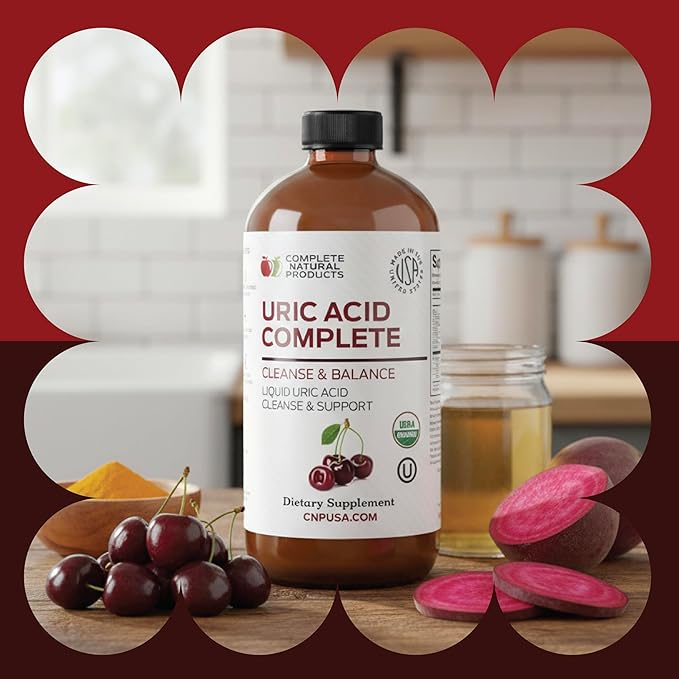 Complete Natural Uric Acid Complete - Liquid Supplement to Support Uric Acid Cleanse Kidney Health &amp Blood Circulation with Apple Cider Vinegar Tart Cherry Beet Root Lemon Cinnamon - 12oz