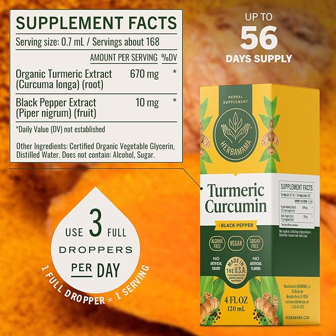HERBAMAMA Turmeric Liquid Drops - Vegan Immune Digestive &amp Mobility Support with Turmeric Curcumin with Black Pepper Extract - Non-GMO Alcohol &amp Sugar-Free Antioxidant Supplement - 56-Day Su
