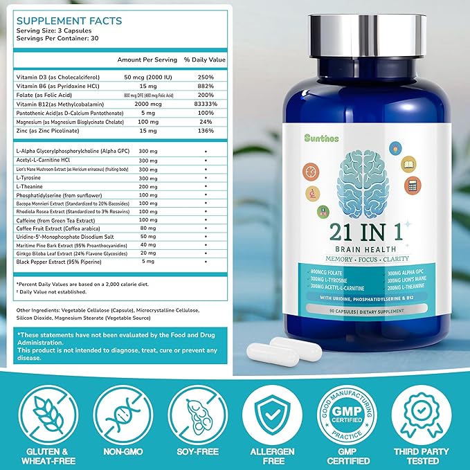 Brain Supplements for Memory and Focus 21-in-1 Brain Supplement for Mental Alertness Cognitive with 300mg Alpha-GPC 300mg Lion’s Mane L-Theanine Phosphatidylserine Vitamins B6 B12 90 Capsules