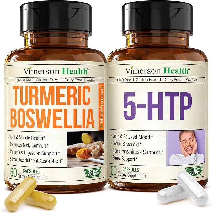 Boswellia Turmeric Curcumin Supplement + 5HTP Sleep Supplement Bundle – Joint Health Support Sleep Aid &amp Occasional Stress Support – with Ginger Root Organic Turmeric Powder 5 HTP &amp Calcium