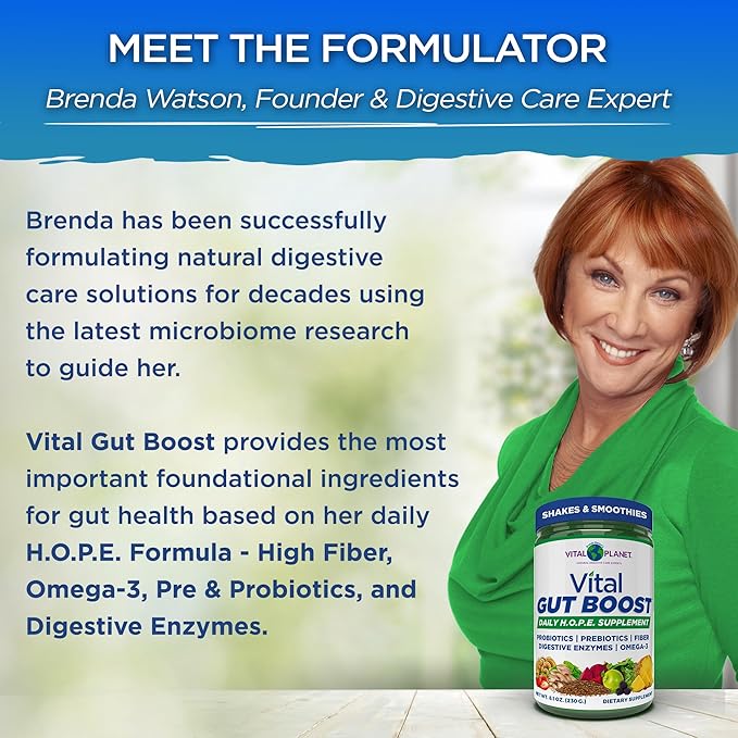 Vital Planet - Vital Gut Boost Powder by Brenda Watson PBS Gut Check Hope Supplement with Fiber 35 Omega 3 Oil Probiotics and Digestive Enzymes 8.1oz 230 Grams 30 Servings