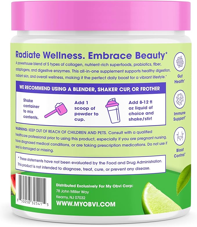 Obvi Collagen Greens - Collagen Greens Powder for Overall Wellness - Nutrient-Rich Superfood Blend - Healthy Digestion - Radiant Skin - Watermelon Lime - 8.1 oz (25 Servings)