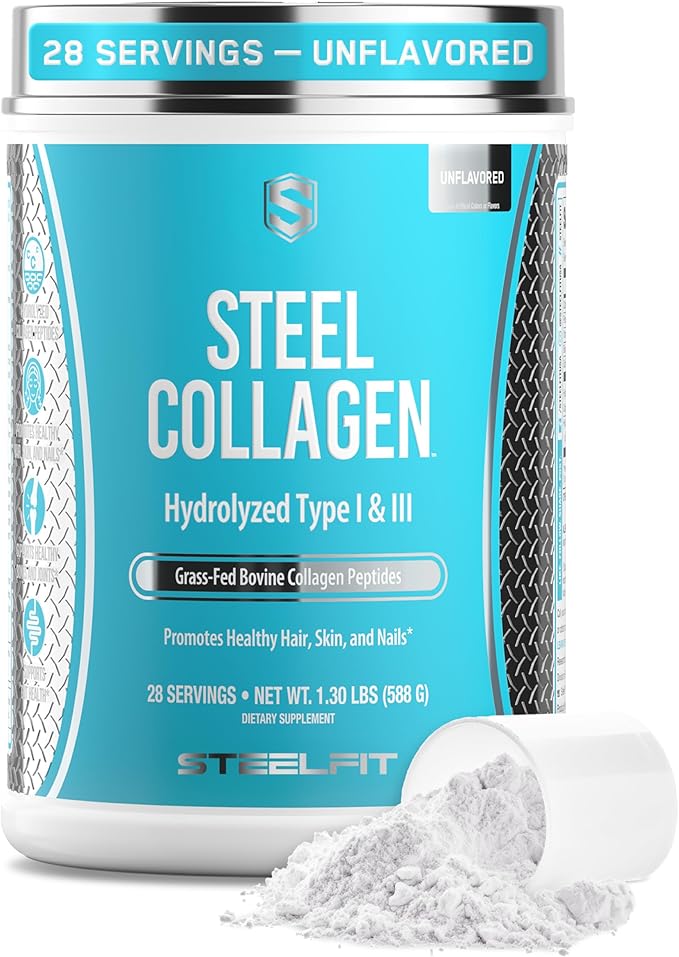 SteelFit Grass-Fed Collagen Peptides Powder Unflavored - Hydrolyzed Collagen for Hair Skin Nails &amp Joint Support - Grass Fed Bovine Type 1 &amp 3 with Biotin Vitamin C &amp Hyaluronic Acid -