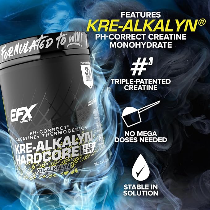 EFX Sports Kre-Alkalyn Hardcore | Thermogenic pH Correct Creatine Monohydrate Pill Supplement | Energy &amp Strength Pre Workout | 126 Servings 380 Capsules