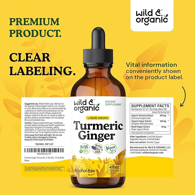 Wild &amp Organic Turmeric and Ginger Supplement Drops - Joint &amp Immune Support - Liquid Turmeric Curcumin with Black Pepper and Ginger - Curcumin Supplement - Vegan Sugar &amp Alcohol-Free Tin
