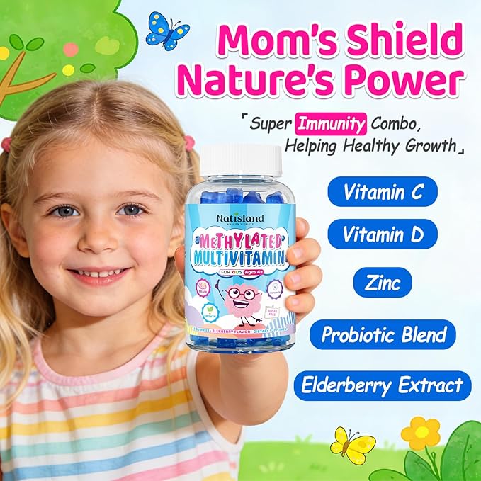 Kids Methylated Multivitamin - MTHFR Multivitamin for Kids &amp Teens 4+ L Methylfolate &amp B12 13 Vitamins Vegan Omega-3 Zinc Probiotics &amp Elderberry Immune Support Brain Health Sugar-