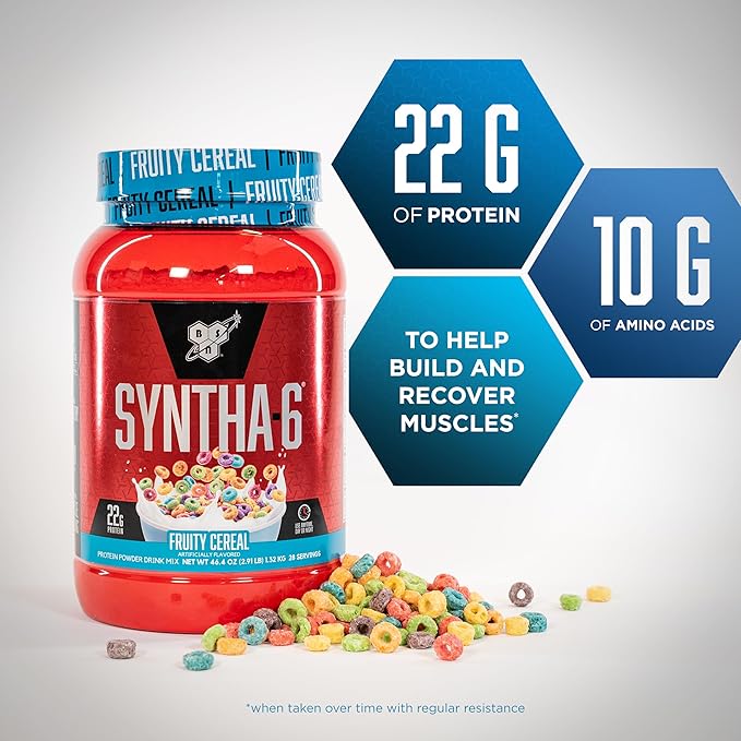 BSN SYNTHA-6 Premium Protein Powder with 6g of Fiber Whey Isolate Micellar Casein Milk Protein Isolate 5g of Fat Fruity Cereal 28 Servings 2.91 Pound (Packaging May Vary)