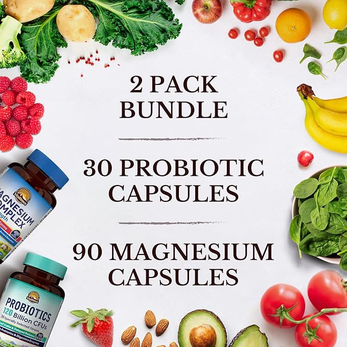 Vitalitown Probiotic + Magnesium Bundle (Pack of 2) | Probiotics 120 Billion (Item 1) &amp 6-in-1 Magnesium Complex (Item 2) | Gut Bone Muscle Sleep Health | Vegan | 30 Capsules &amp 120 Capsules