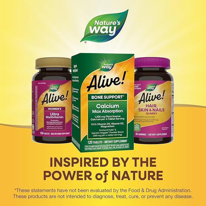 Nature's Way Alive! Calcium Max Absorption 1200 mg Calcium per 4 Tablets with Vitamin D3 Bone Support* Vitamin D3 &amp K2 Magnesium 120 Tablets (Packaging May Vary) (Pack of 2)