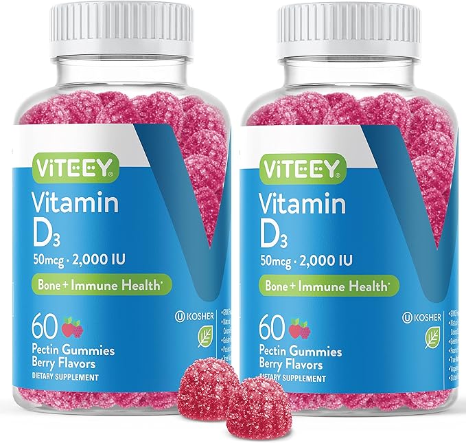 VITEEY Vitamin D3 for Adults &amp Teens - 2000 IU 50mcg Regular Strength - Joint &amp Muscle Health Immune Boost - Chewable Vitamin D Gummies - Vegetarian Gelatin Free - Tasty Berry Flavored Gu