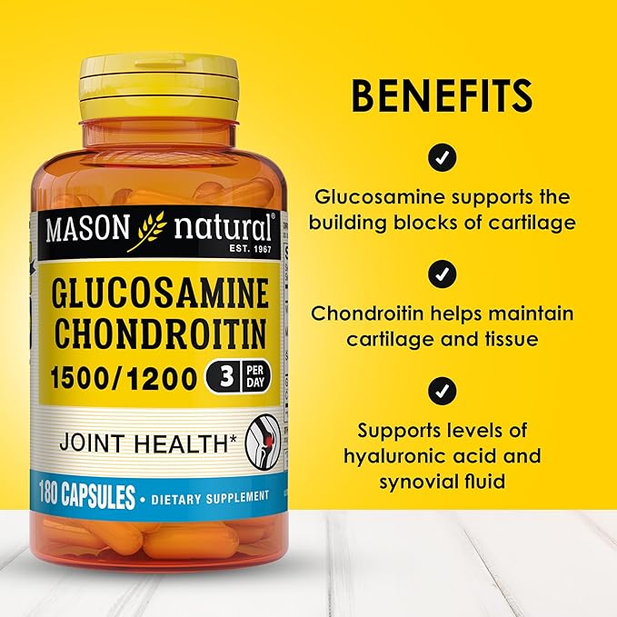 MASON NATURAL Glucosamine Chondroitin 1500/1200 3 Per Day with Vitamin C - Supports Joint Function for Normal Flexibility &amp Mobility* 180 Capsules