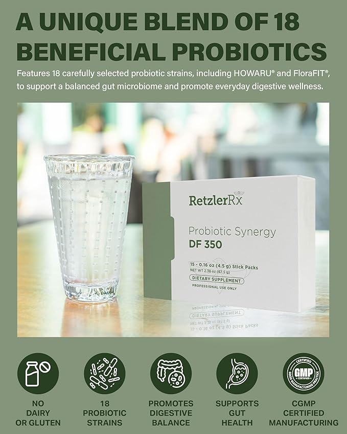 Probiotic Synergy DF 350 ® by Dr. RetzlerRx™ - 350 Billion CFU - Dairy-Free High Potency 350 CFU 18-Strain Probiotic Supplement - Supports Immune + Gut Health (15 Single Serving Stick Packs)