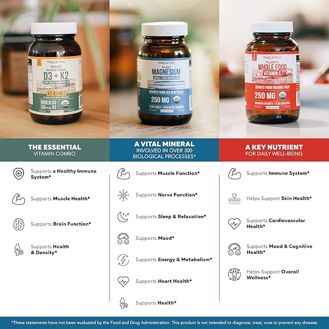 Magnesium (60 ct) Plant D3 5000 IU + K2 MK-7 (60 ct) &amp Whole-Food Vitamin C (90 servings) Bundle | Vegan Supplements for Energy Muscle &amp Immune Support | USDA Organic Non-GMO Gluten-Free